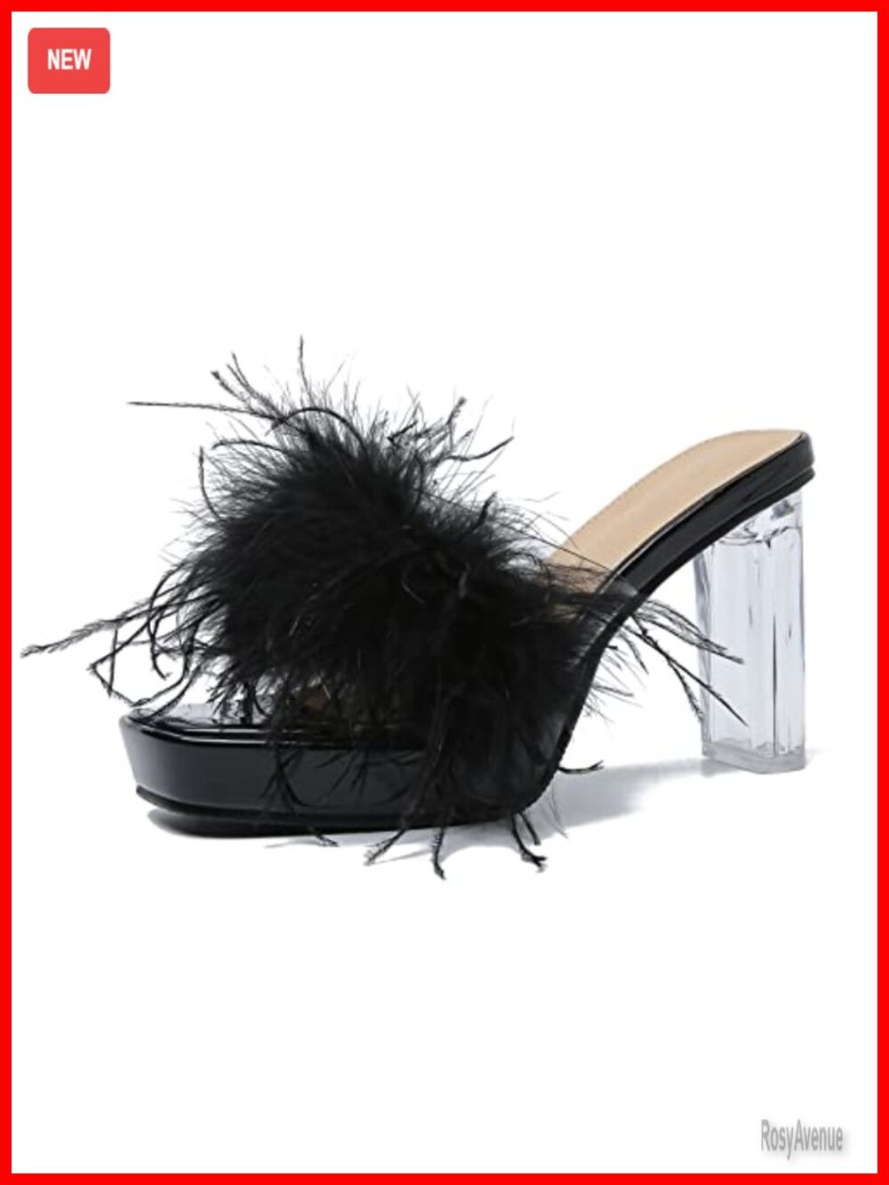 LIURUIJIA Feather Platform Heels Square Toe Slip On Mules
